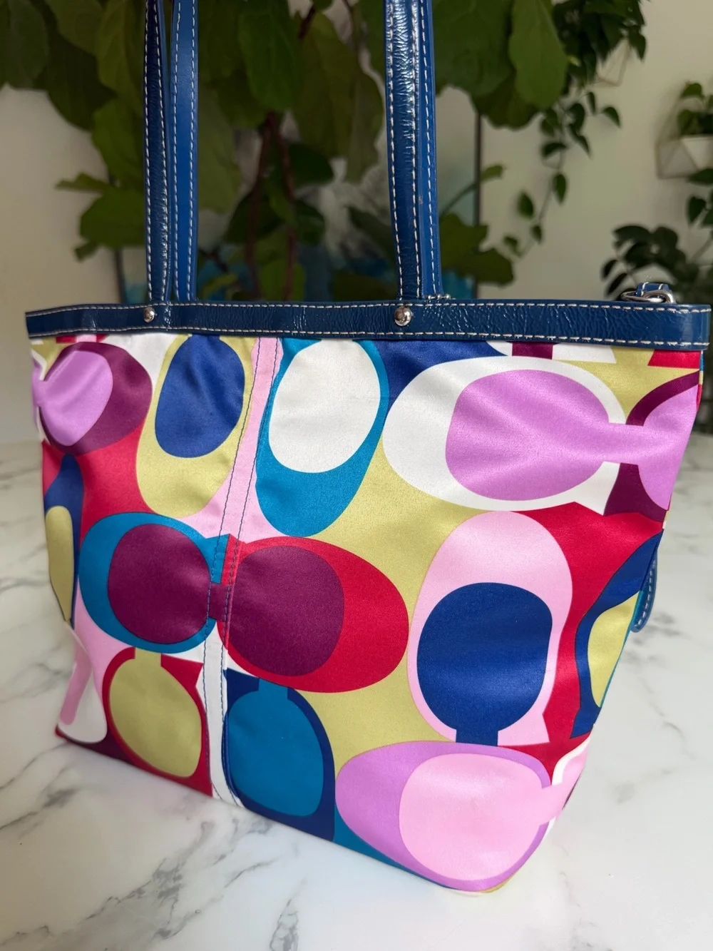 Coach Y2K Op Art Signature Scarf Print Multicolor Satin Tote Shoulder Bag F15183